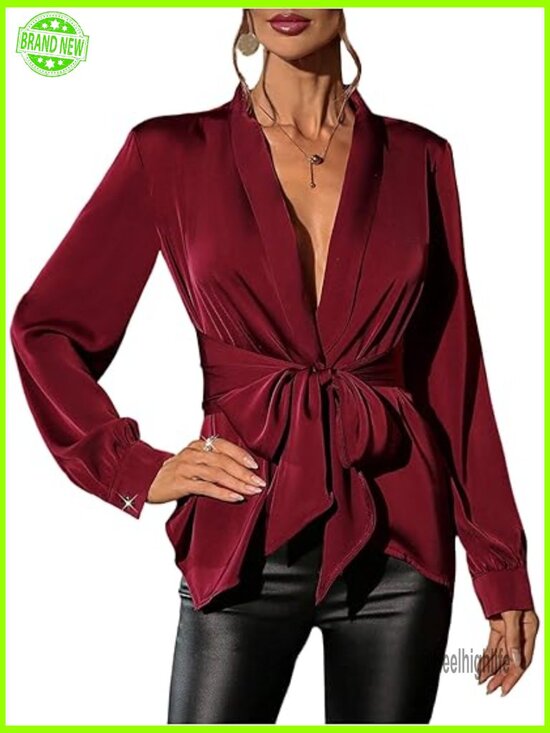 Tops - Deep V Neck Satin Blouse Long Sleeve Tie Waist Wrap Shirt Top